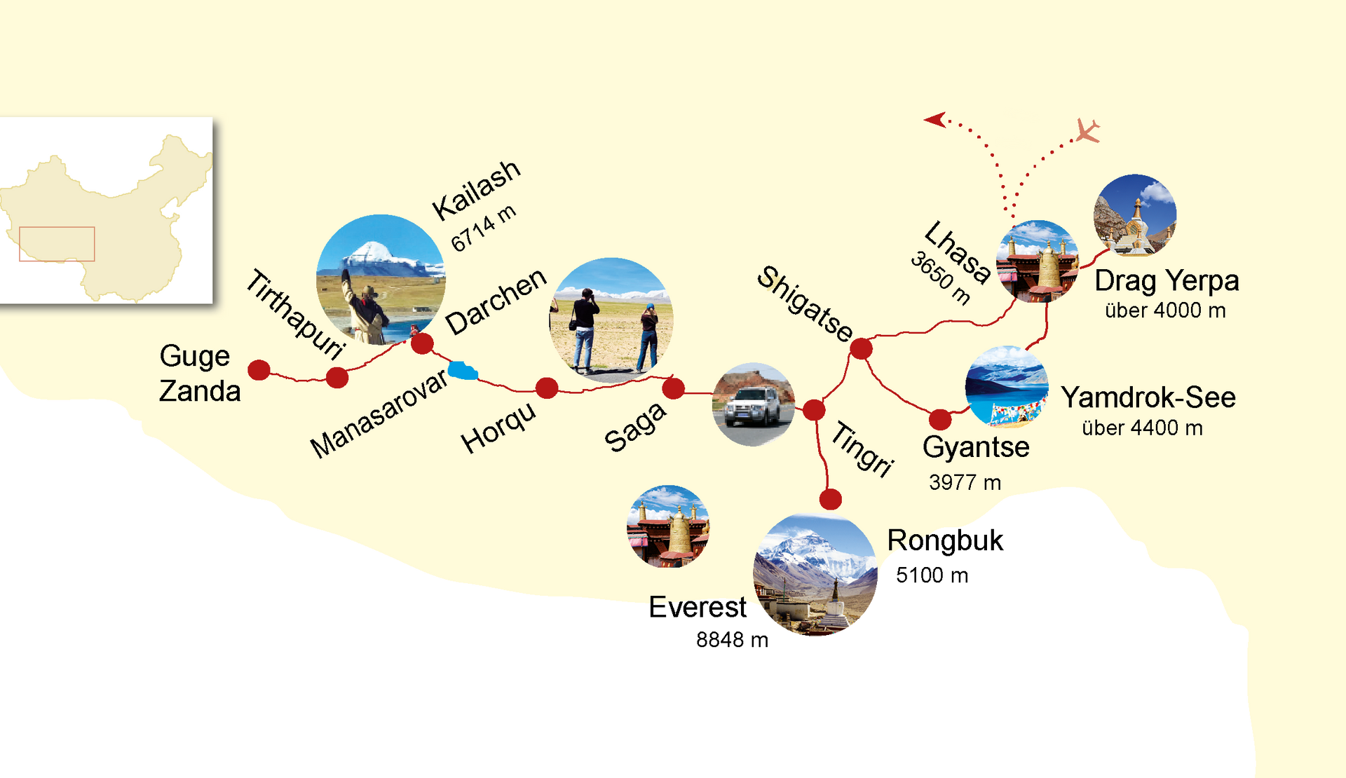 Reiseroute Tibet Rundreise mit Kailash und Guge