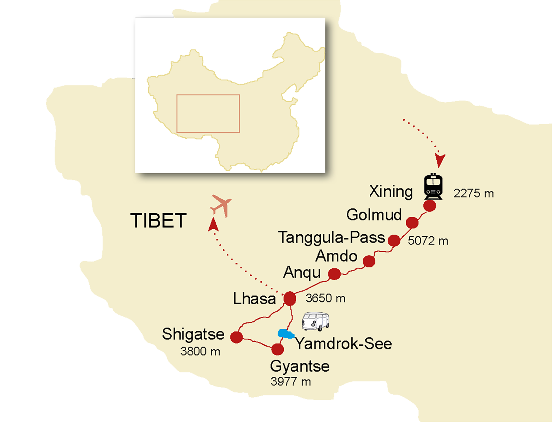 Eisenbahn Xining - Lhasa, Tibet Reise, Reiseroute