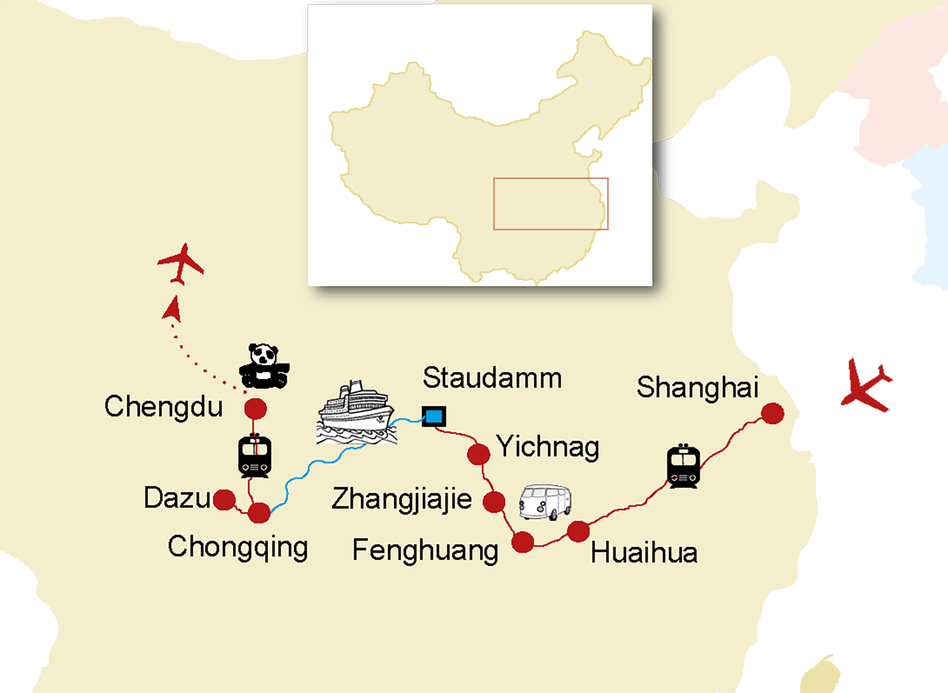 Naturwunder Zhangjiajie und Yangtze, Reiseroute