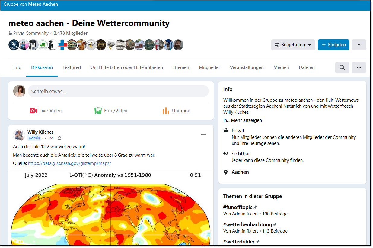 In dieser Facebook-Gruppe diskutieren 12.478 Mitglieder täglich zusammen mit “Wettergott” Willy Küches über das Wetter in Aachen. In dieser Facebook-Gruppe diskutieren 12.478 Mitglieder täglich zusammen mit “Wettergott” Willy Küches über das Wetter in Aachen.