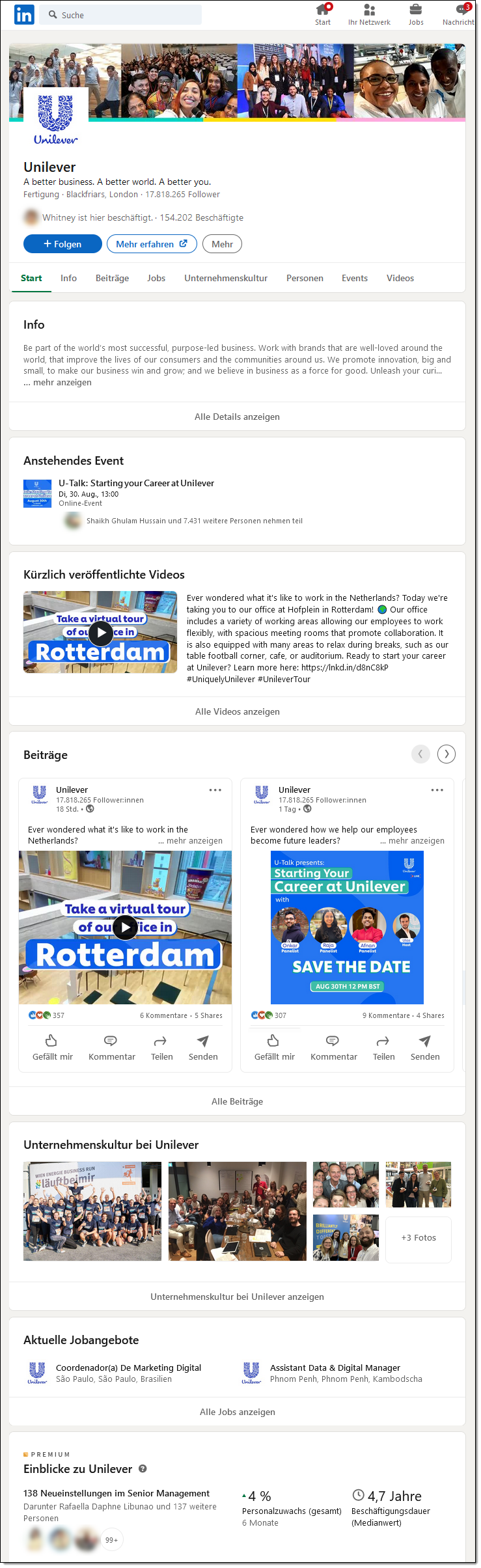 Fast 18 Millionen Menschen interessieren sich für den Unilever-Konzern auf LinkedIn Fast 18 Millionen Menschen interessieren sich für den Unilever-Konzern auf LinkedIn