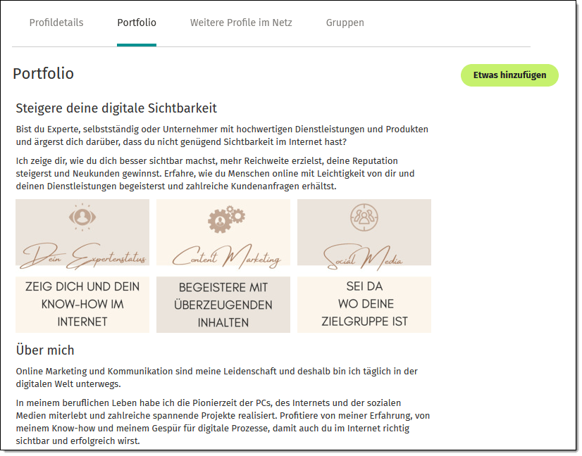 Das Portfolio als Mini-Website mit gestaltbaren Elementen. Das Portfolio als Mini-Website mit gestaltbaren Elementen.