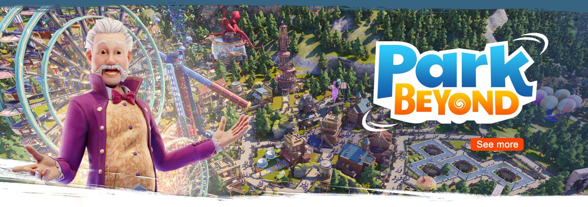 A beautiful theme park with the game logo of Park Beyond