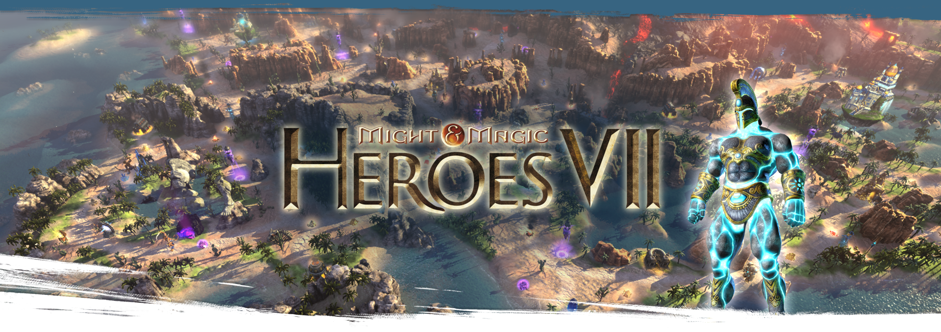 Might and Magic Heroes VII logo in front of a desert landscape.