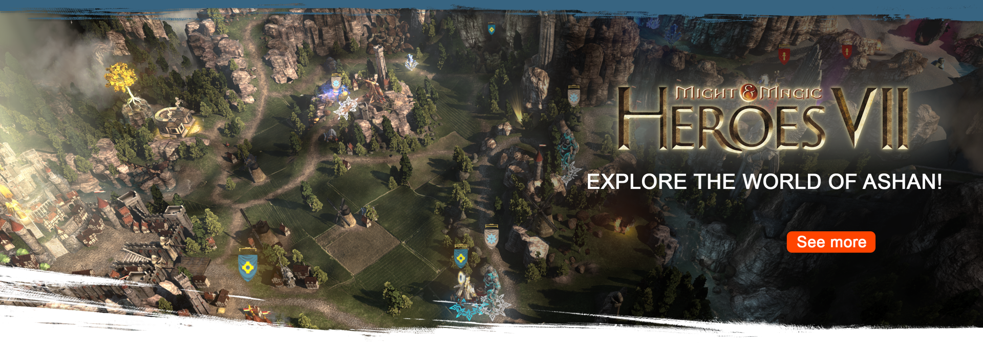 A fantasy landscape with the Might and Magic Heroes VII logo on top.