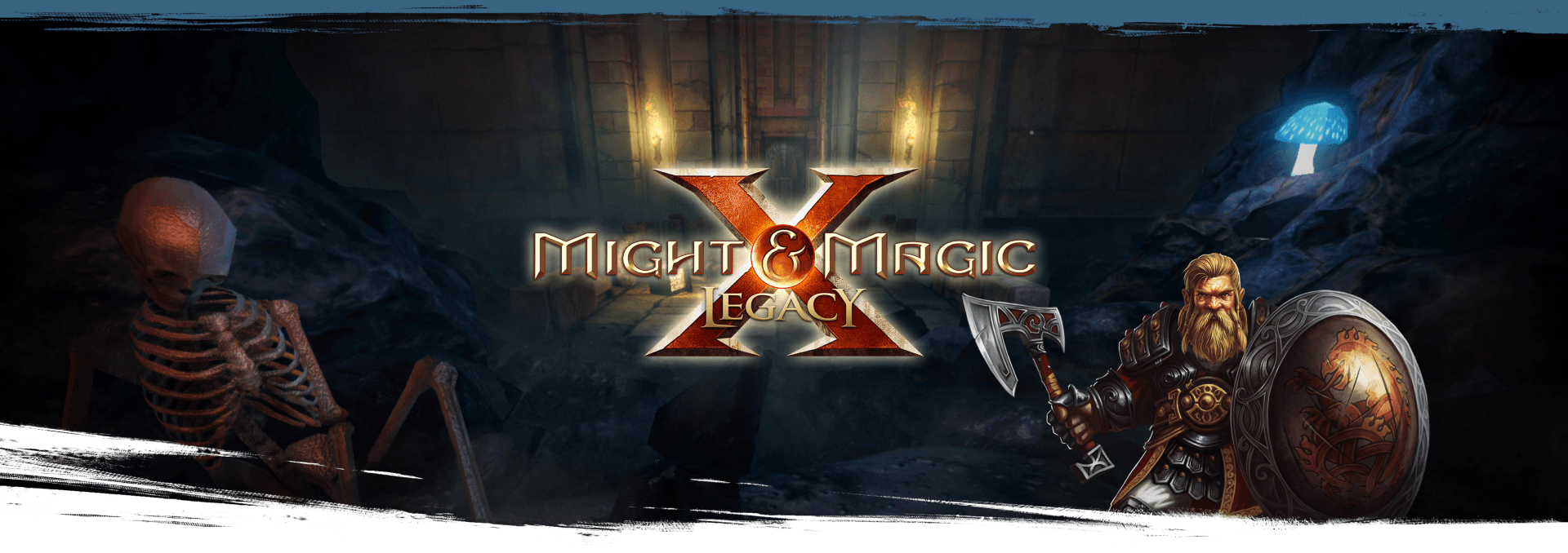 A dwarven warrior in a dungeon with the Might and Magic X: Legacy logo.