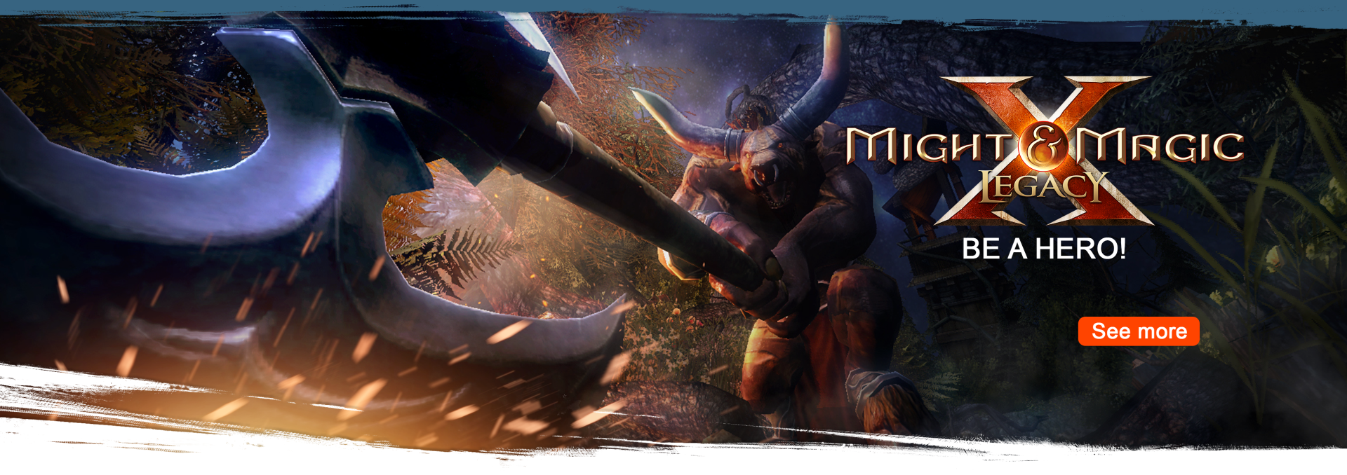 A minotaur attacking with an axe with the Might and Magic X: Leagacy logo on top.