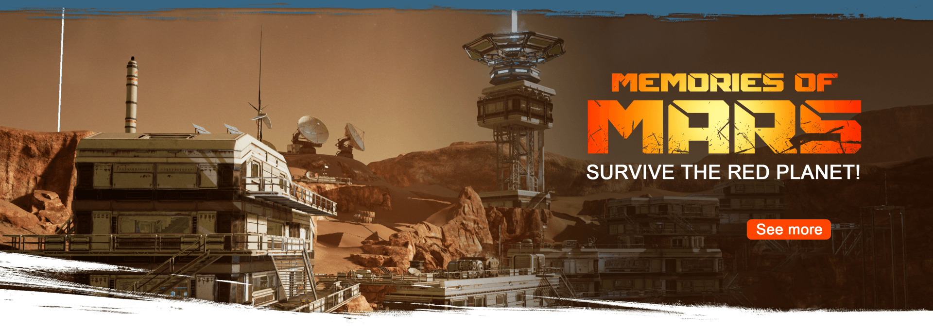 A surface mine on Mars with the  Memories of Mars logo on top.