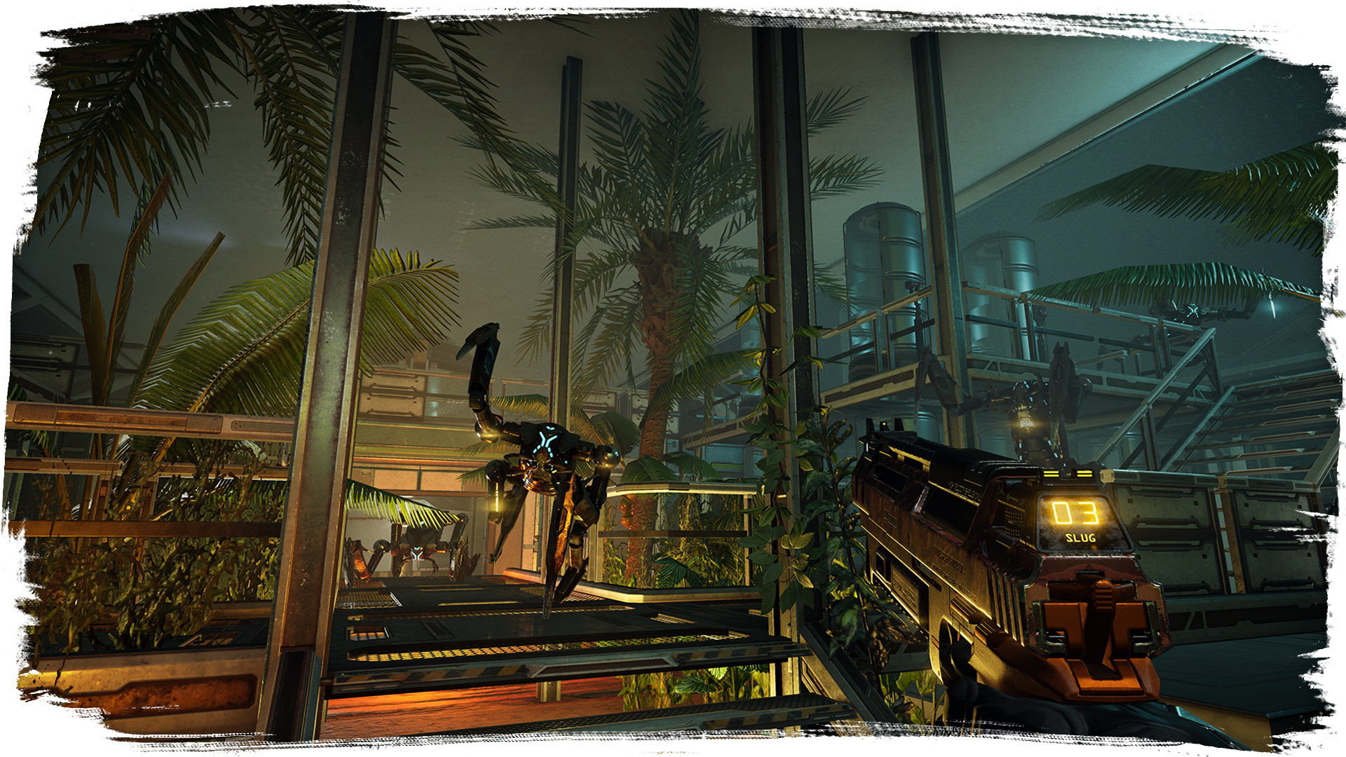 player engaging a mantis enemy in a biodome.