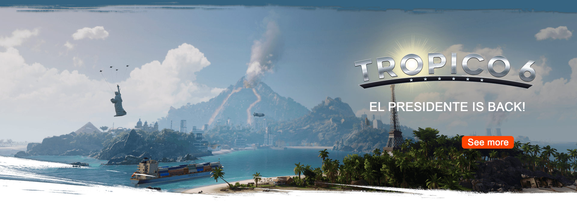 A caribbean island with the Tropico 6 logo on top.
