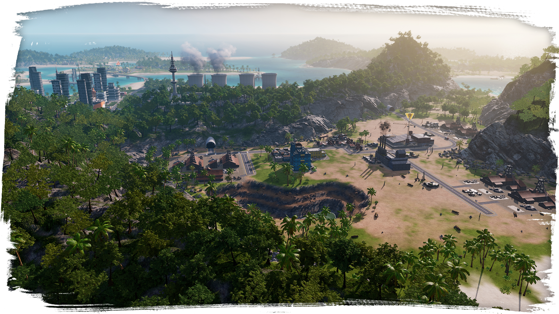 A screenshot of a modern town built on a green island in Tropico 6.