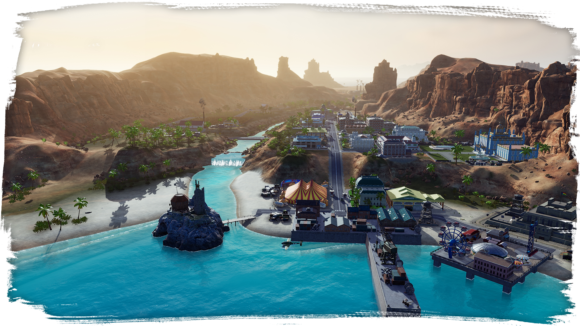 A screenshot of a small modern town built at the shore of a desert island in Tropico 6.