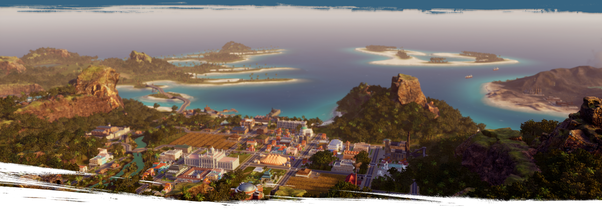 A seaside town and multiple tropical islands at noon.