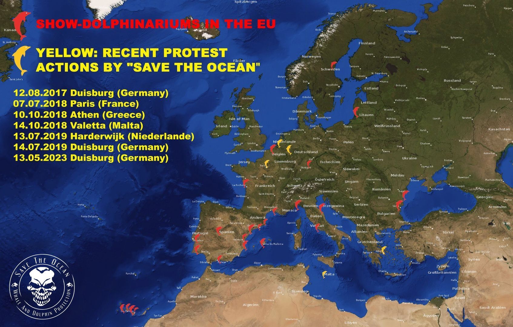 Save the Ocean, Jörn Kriebel, Delfinarium, Richard Ric O'Barry, Demo, Banner, Orca, Aktivisten,  Empty The Tanks,  Wale Gefangenschaft,  Blackfish, Zoo, Tierschutz, Duisburg Delfinarium, Tierschutz, Tierschutz Aktivisten, Save the Ocean Karte