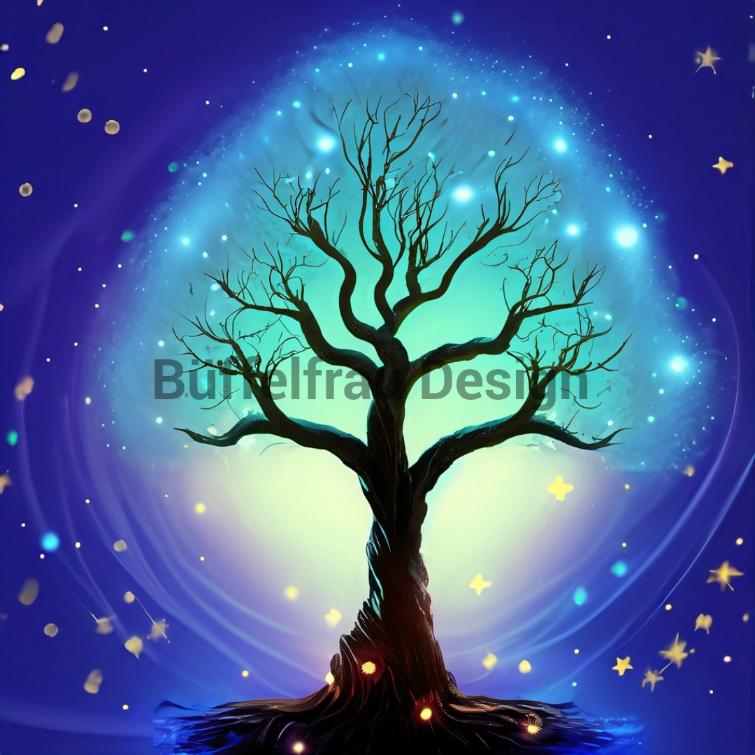 Magischer Baum, keine Blätter, mystische Darstellung, kräftige Farben: blau, schwarz, Gold, Schriftzug: Büffelfrau Design,