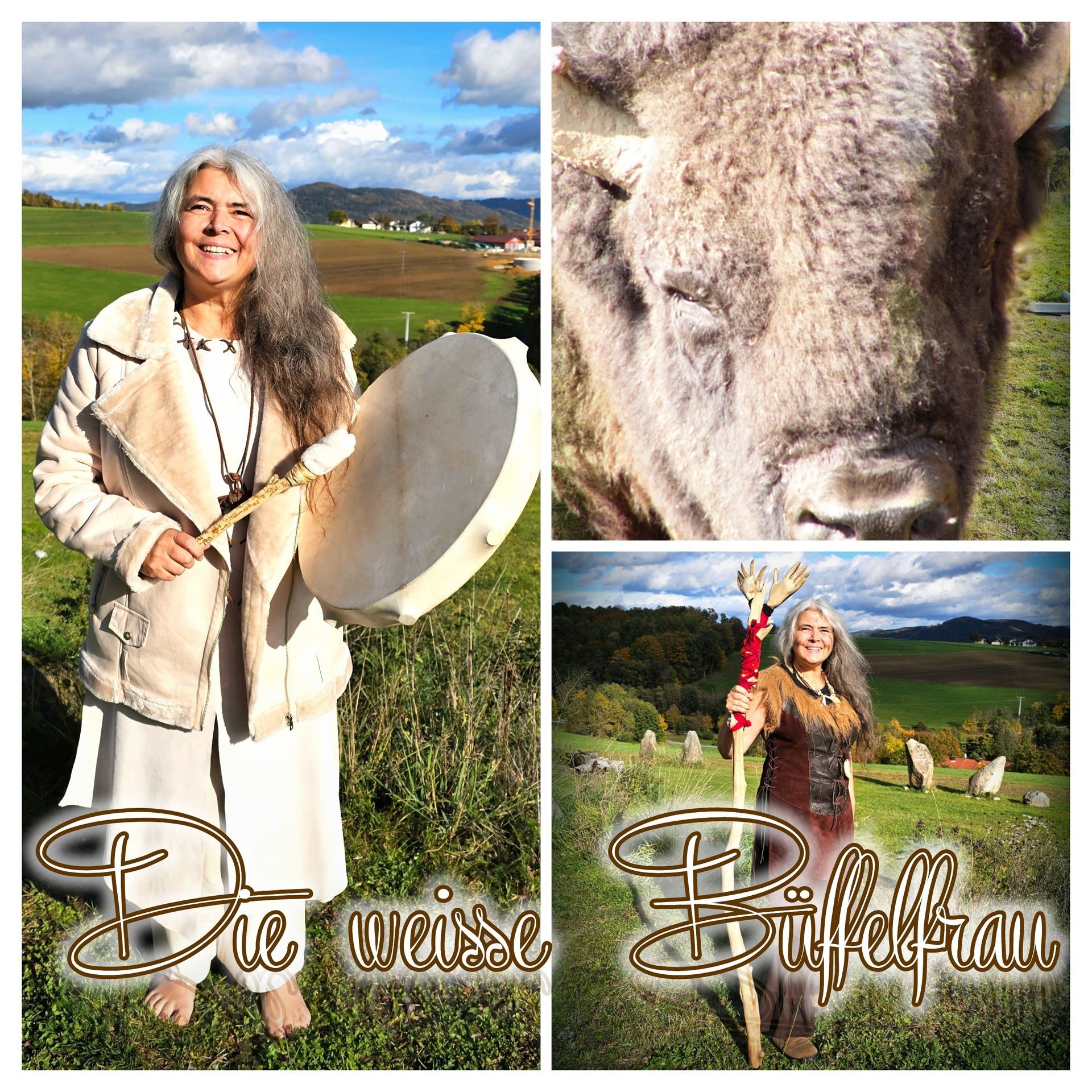Die weisse Büffelfrau mit einer Schamanentrommel. Collage mit Büffel und Zauberstab.