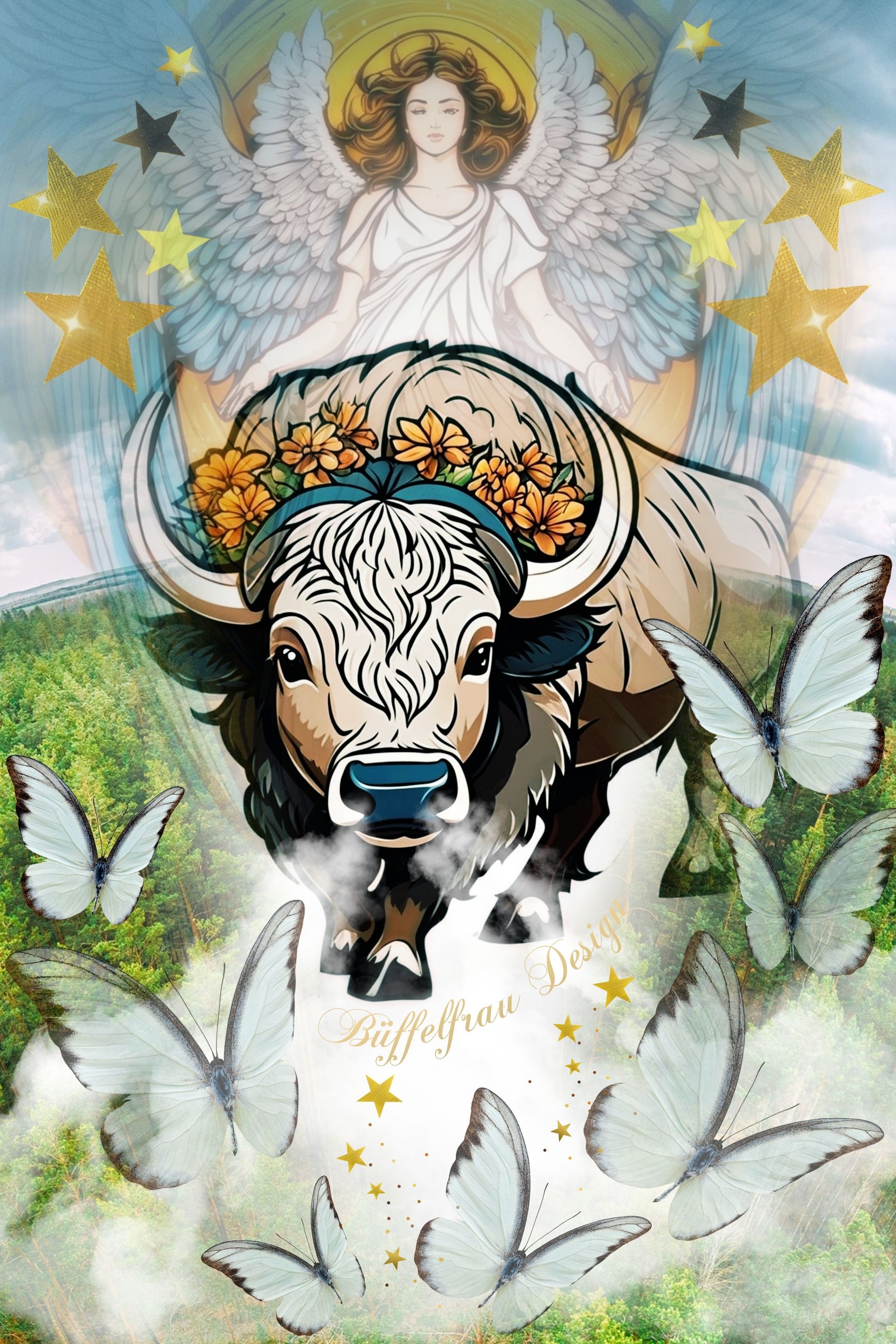 Künstlerisch gestaltetes Bild. Büffelfrau Design. Ein Büffelkalb (zarte Farben) mit Schmetterlingen. Gesicht/Augen, nah zu sehen.