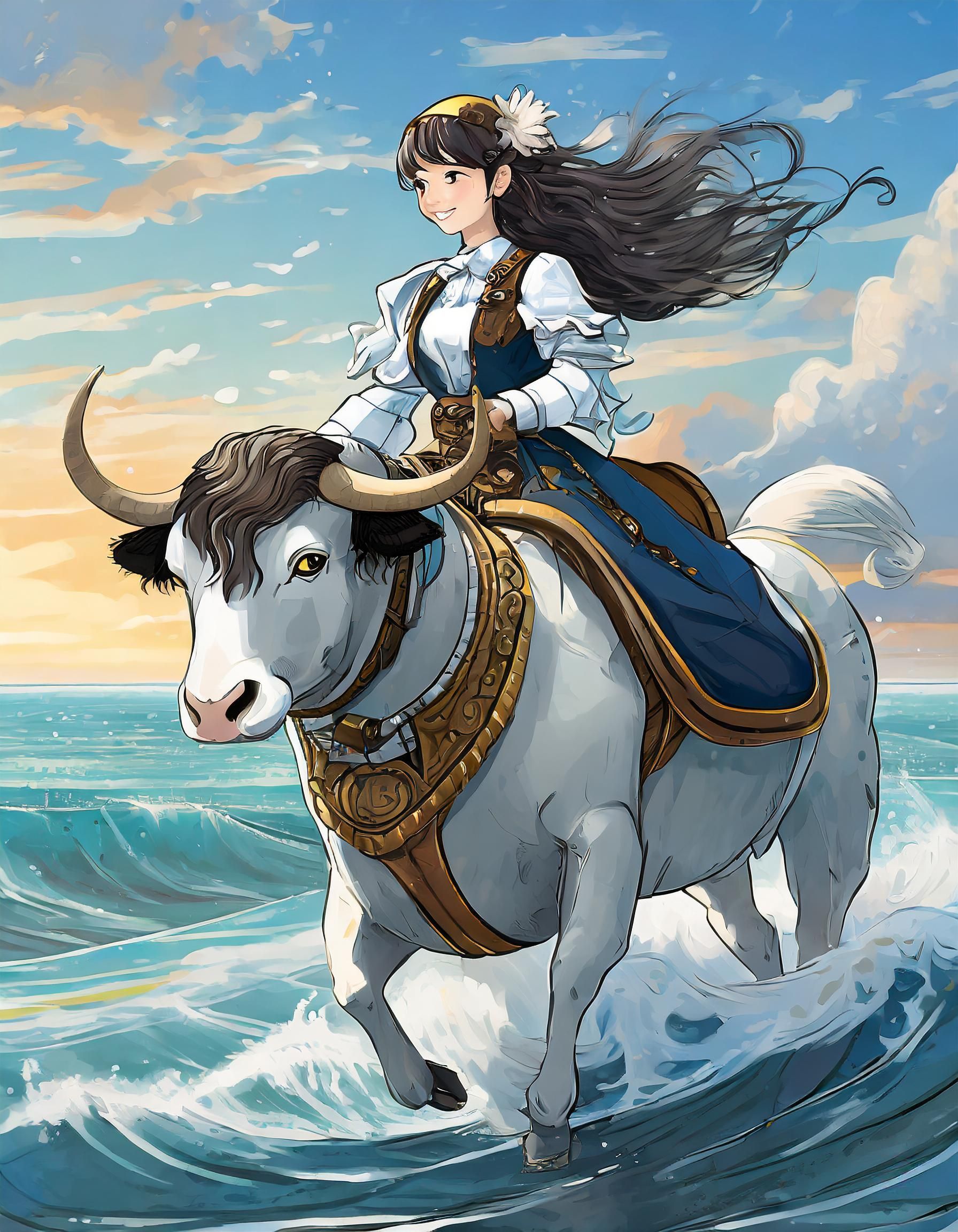 Das Mädchen Europa reitet den weißen Stier (Zeus verwandelt), wie es in der Europa Mythologie (griechisch-römisch), zu lesen ist. Bei Ovid (die Metamorphosen) und in Homers Ilia. Bild hier: Gesicht nah. Besonderer Gesichtsausdruck des weissen Stiers. (Wissend was er tut.)