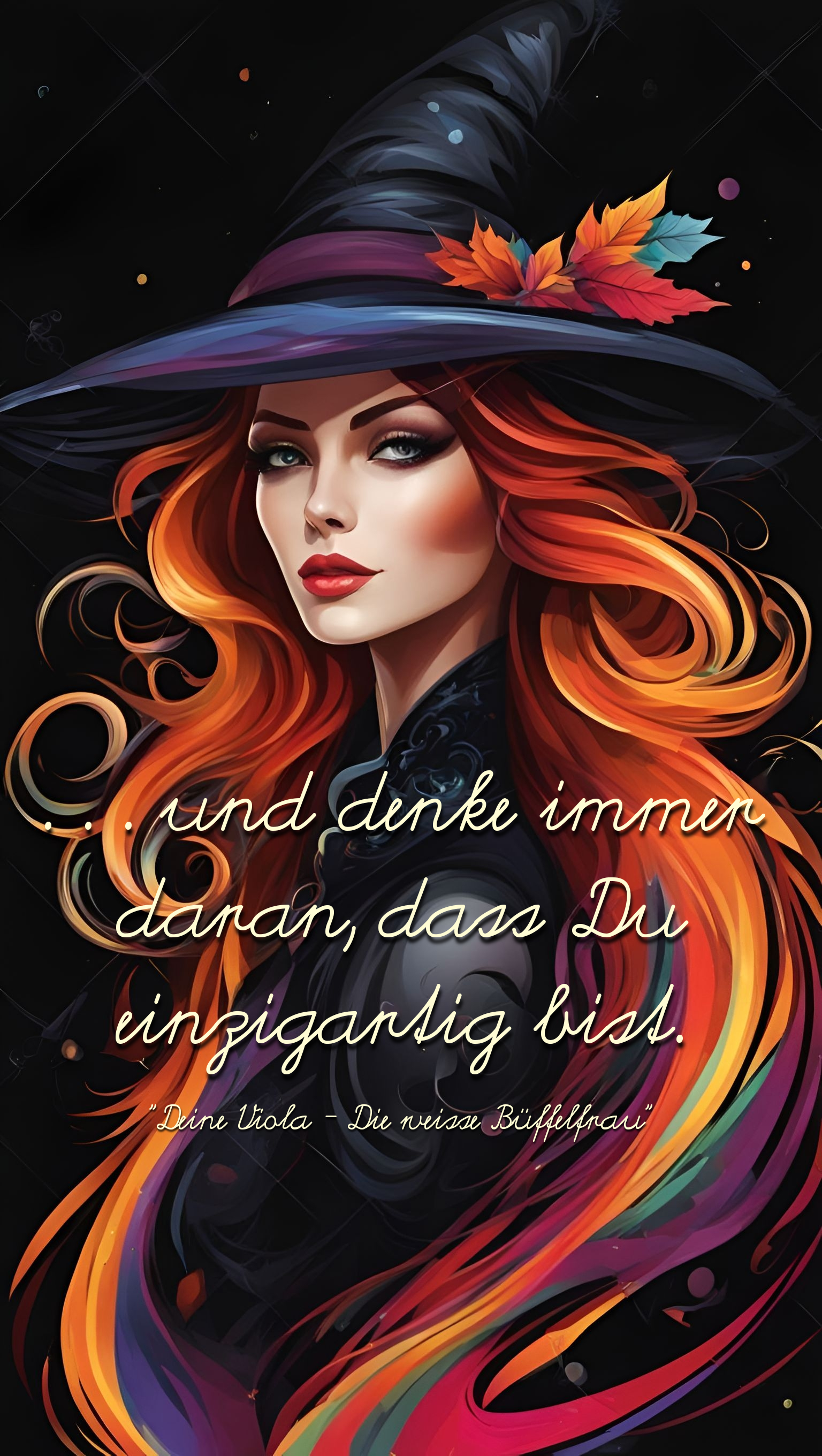Die Hexe Buntes Bild - Die Hexe - Schöne Frau mit Zauber und Magie, langes, rotes Haar und Text dazu. Herbstfarben