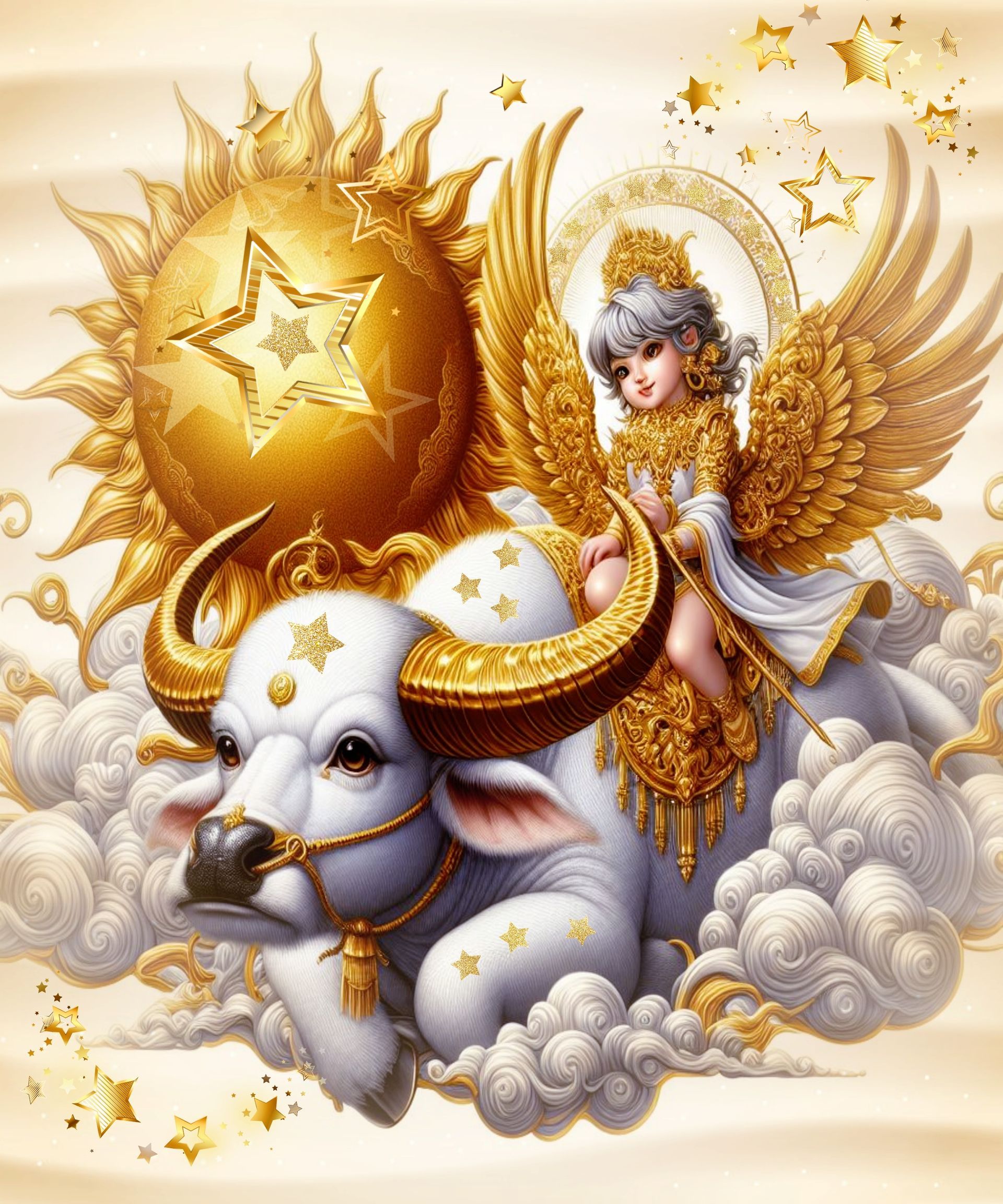 Ein himmlisches Wesen, mit goldenen Flügeln, reitet auf einem Büffel mit goldenen Hörnern.