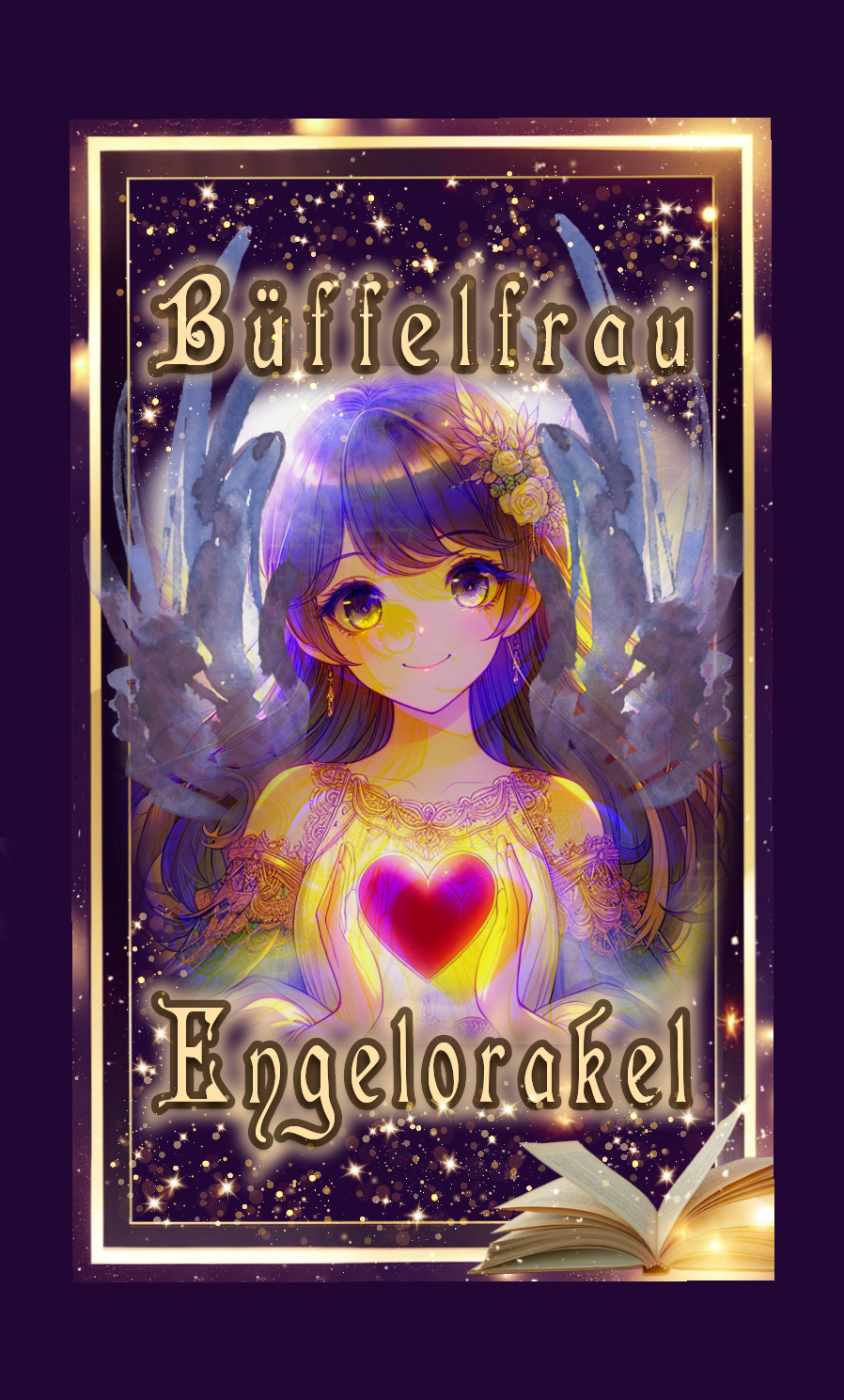 Rückseite des Engelorakels Engelwesen mit Flügeln, großen Augen und großem Herz, ist die Rückseite des Büffelfrau Engelorakels.