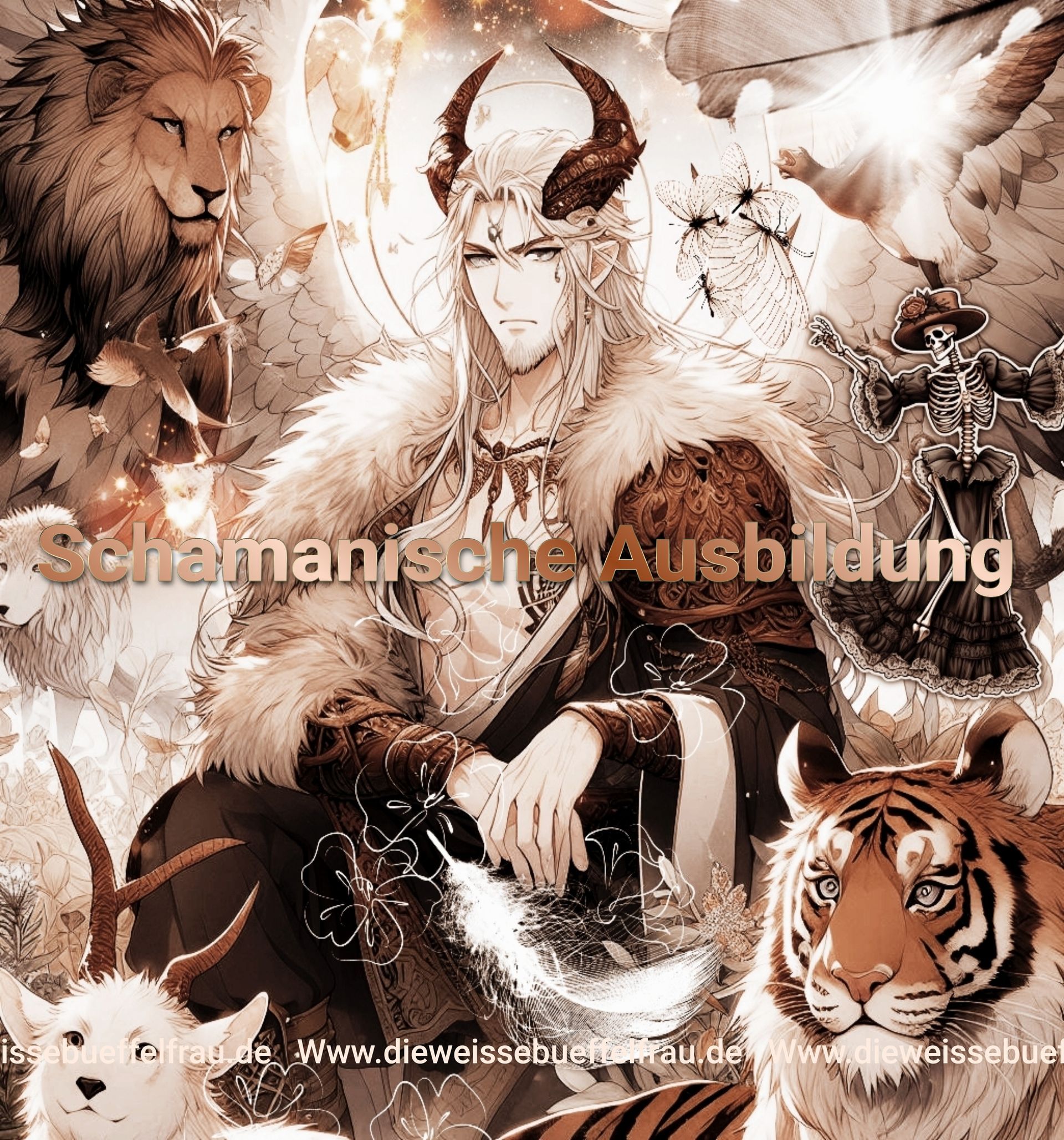 Schamane umgeben von Magie und Krafttieren