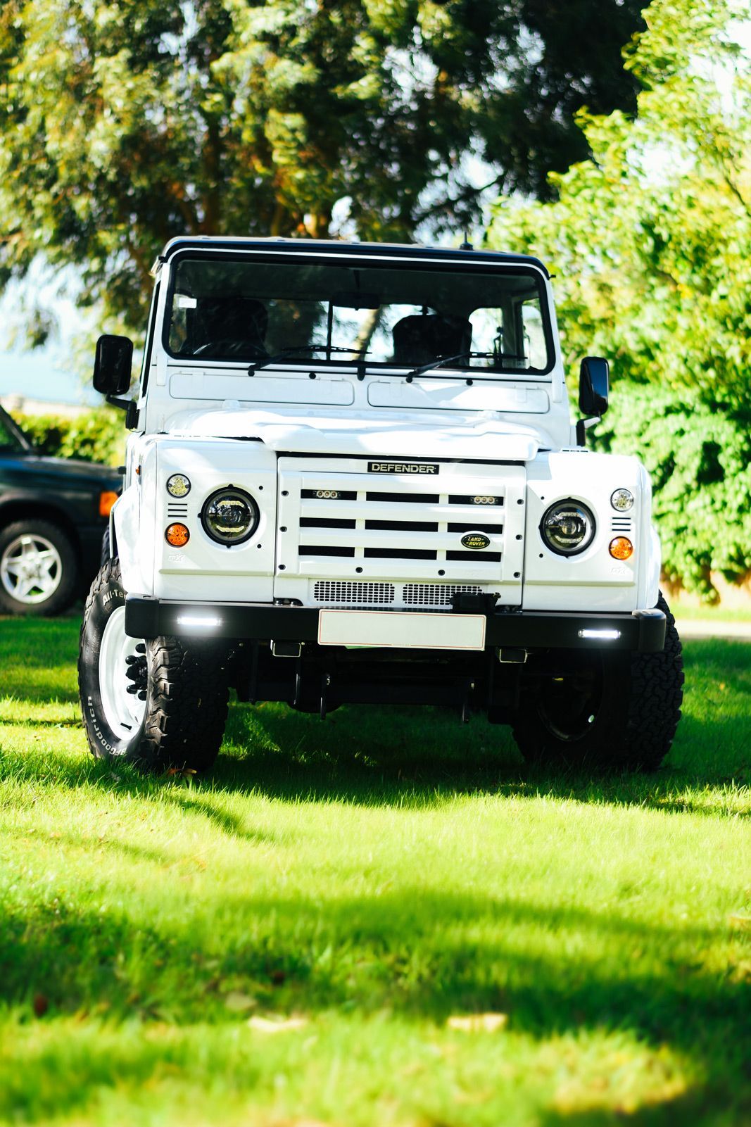 Front view of a white Land Rover Defender 110 on bright green grass.