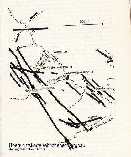 Inder Übersichtsichtkarte vom Wittichener Bergbau sehen Sie die verschiedenen Gänge, auf die abgebaut wurde.