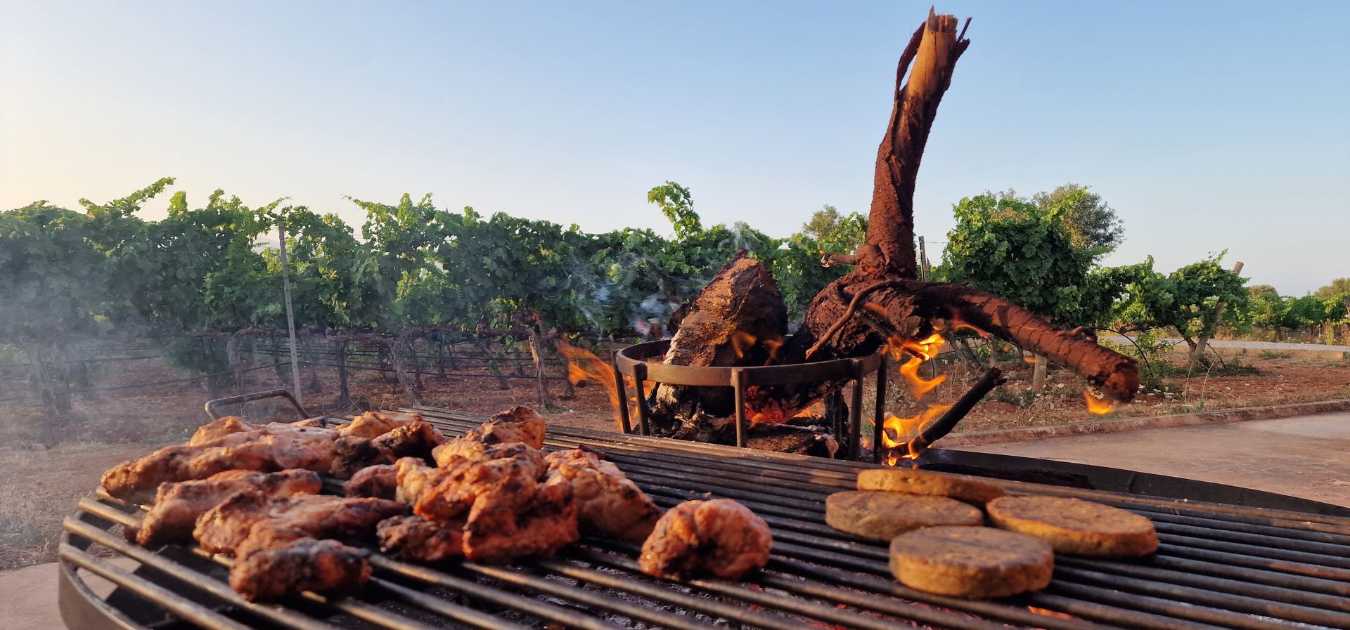 BODEGA ON FIRE BBQ Grill im Abendlicht vor einem Weinfeld