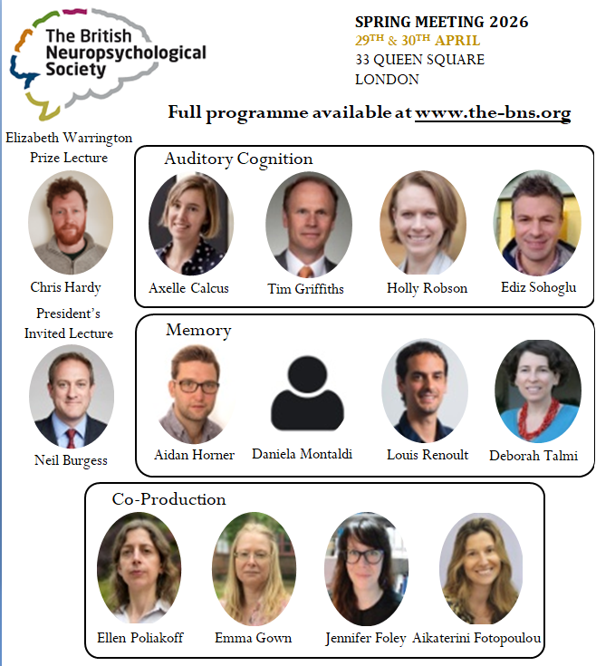 Headshots and names of all speakers at the BNS Spring meeting. Elizabeth Warrington Prize Lecture by Chris Hardy. President's invited lecture by Neil Burgess. Auditory cognition symposium with Axelle Calvus, Tim Griffiths, Holly Robson, Ediz Sohoghu. Memory symposium by Aidan Horner, Daniela Montaldi, Louis Renoult, Dborah Talmi. Co-production symposium by Ellen Poliakoff, Emma Gown, Jennifer Foley, Aikaterini Fotopoulou