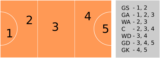 Here is an illustration of the netball court, displaying player positions, their movement areas, and the division of the court into thirds.