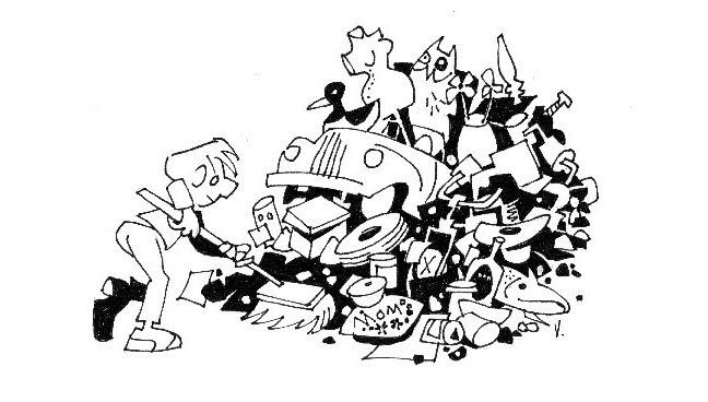 Cartoon of janitor sweeping pile of assorted debris and collections