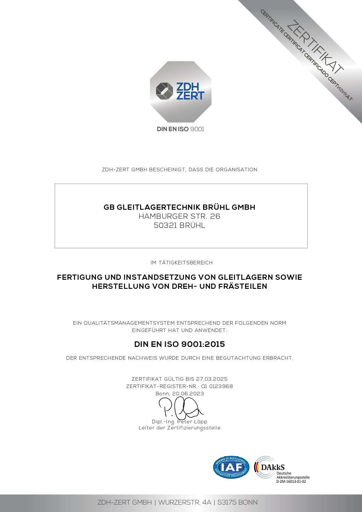 ISO90001 - 2015 Zertifikat