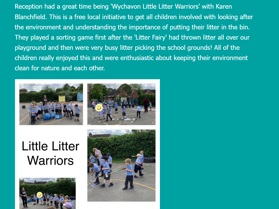 School website newsletter featuring little litter warriors