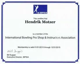 Bild Urkunde Hendrik Motzer, Member of the Internaional Bowling Pro Shop & Instructions Association