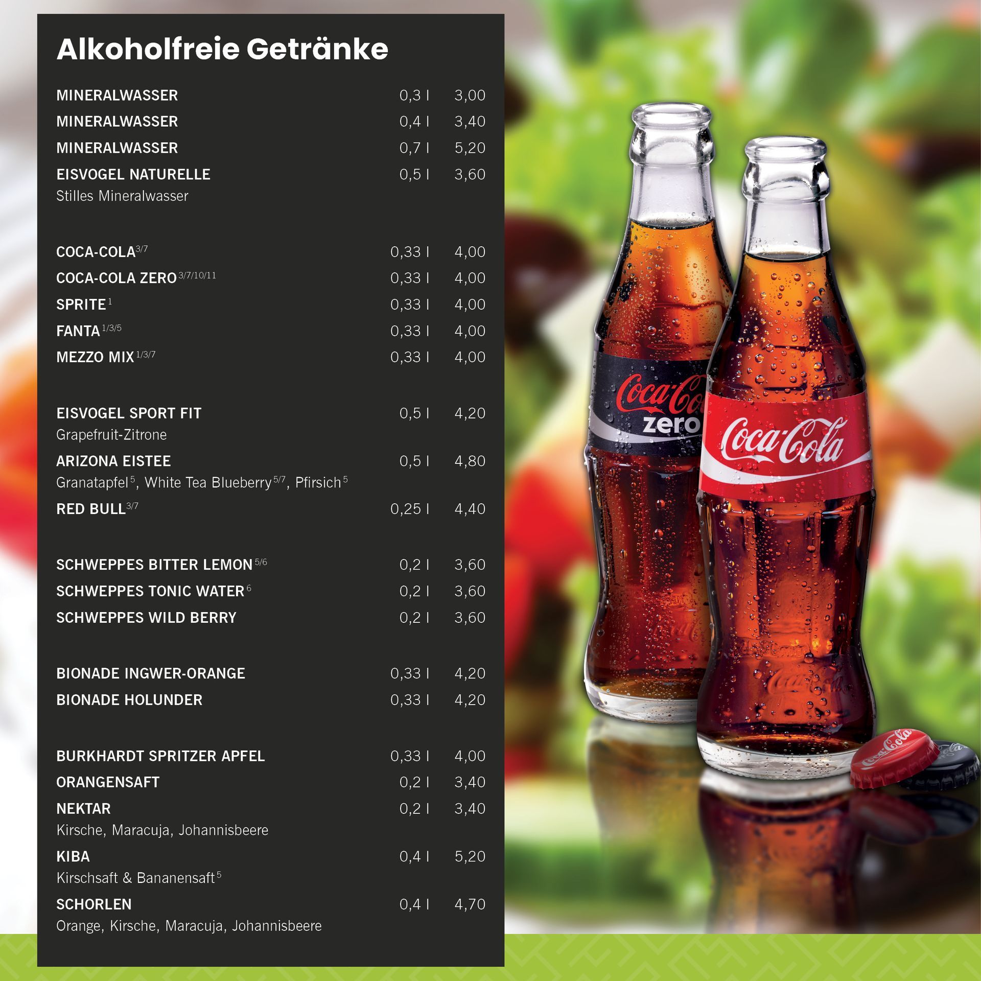 Speisekarte Restaurant - Alkoholfreie Getränke