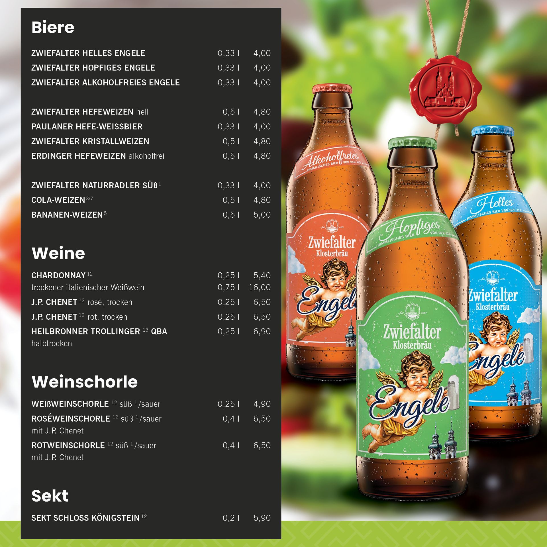 Speisekarte Restaurant - Biere • Weine • Weinschorle • Sekt