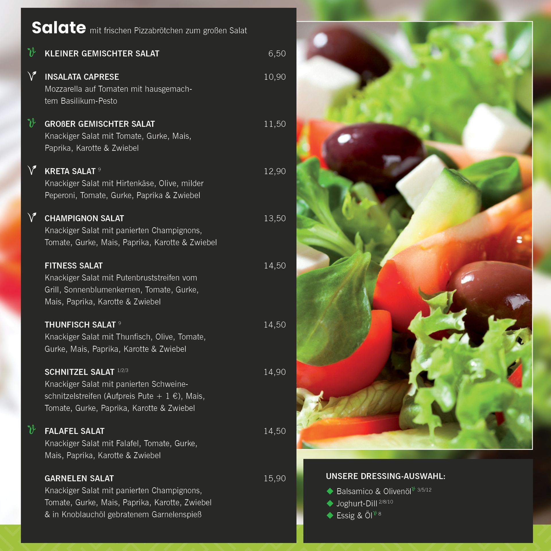 Speisekarte Restaurant - Salate • Auswahl Dressings