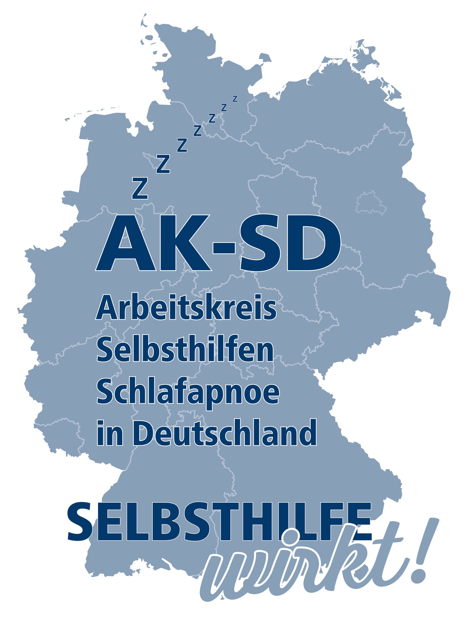 Einfache Deutschlandkarte mit AK-SD, Arbeitskreis Selbsthilfen Schlafapnoe in Deutschland Schriftzug