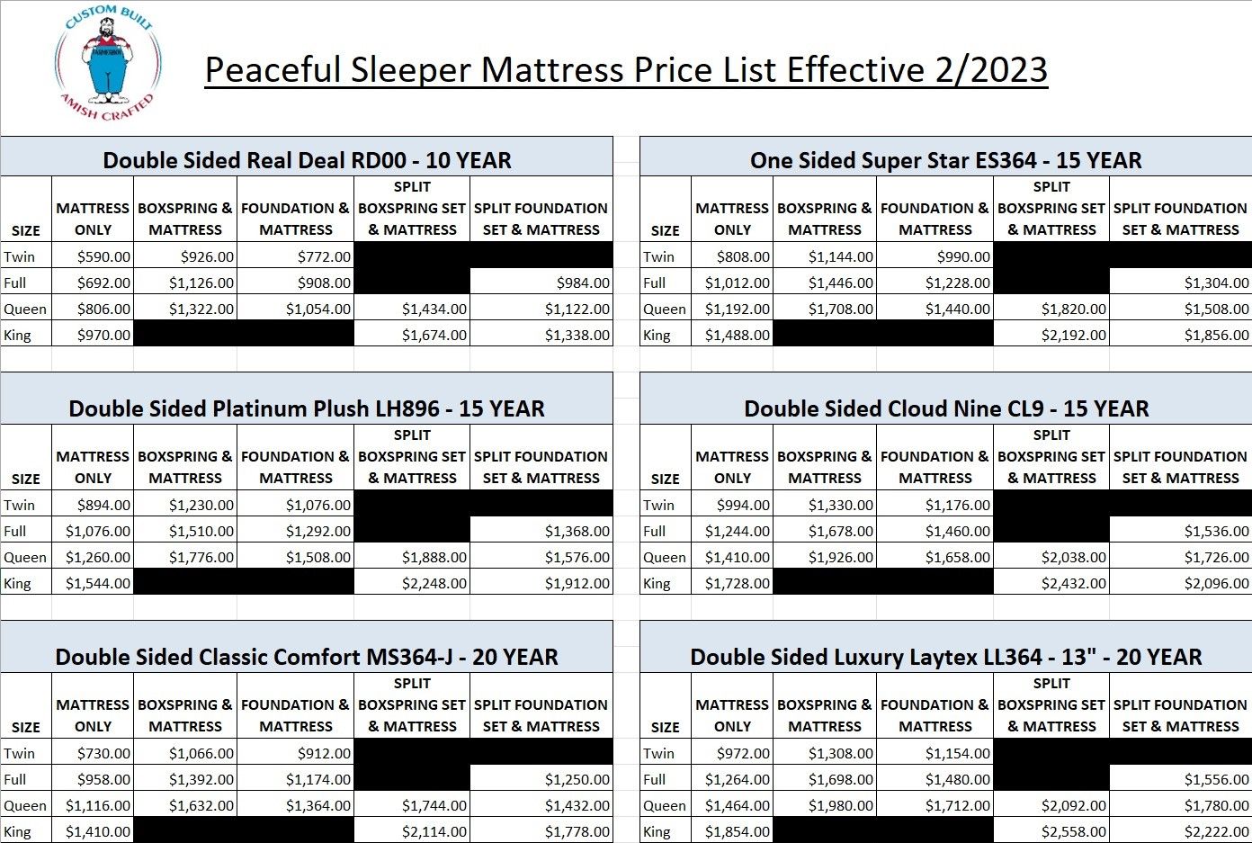 Peaceful Sleeper mattress price list Farmer Boy Furniture