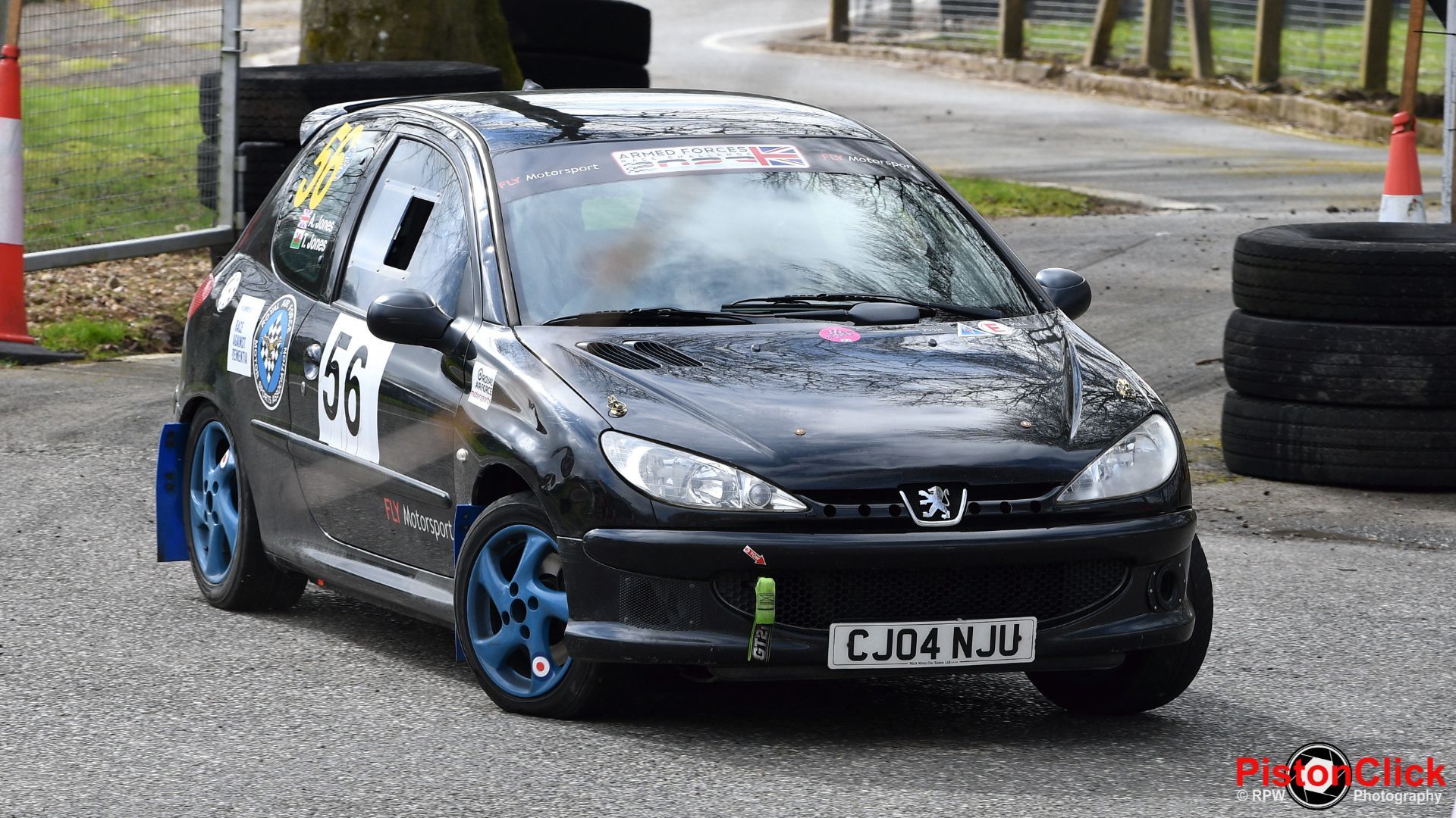 Adam Jones and Tom Jones in a Peugeot 206 GTi 180 rally car representing the Royal Air Force Motorsports Association