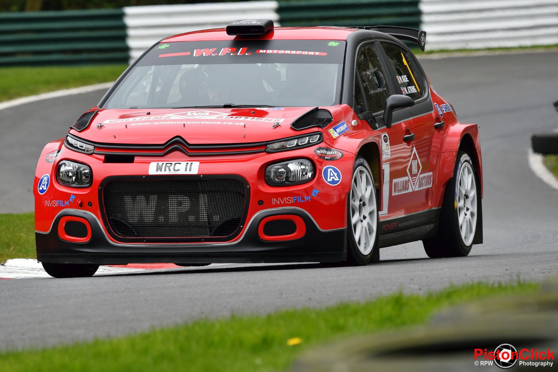 Will Igoe and Will Atkins in the red Citroen C3 Rally 2 at the Alan Healy Memorial Rally Cadwell Park