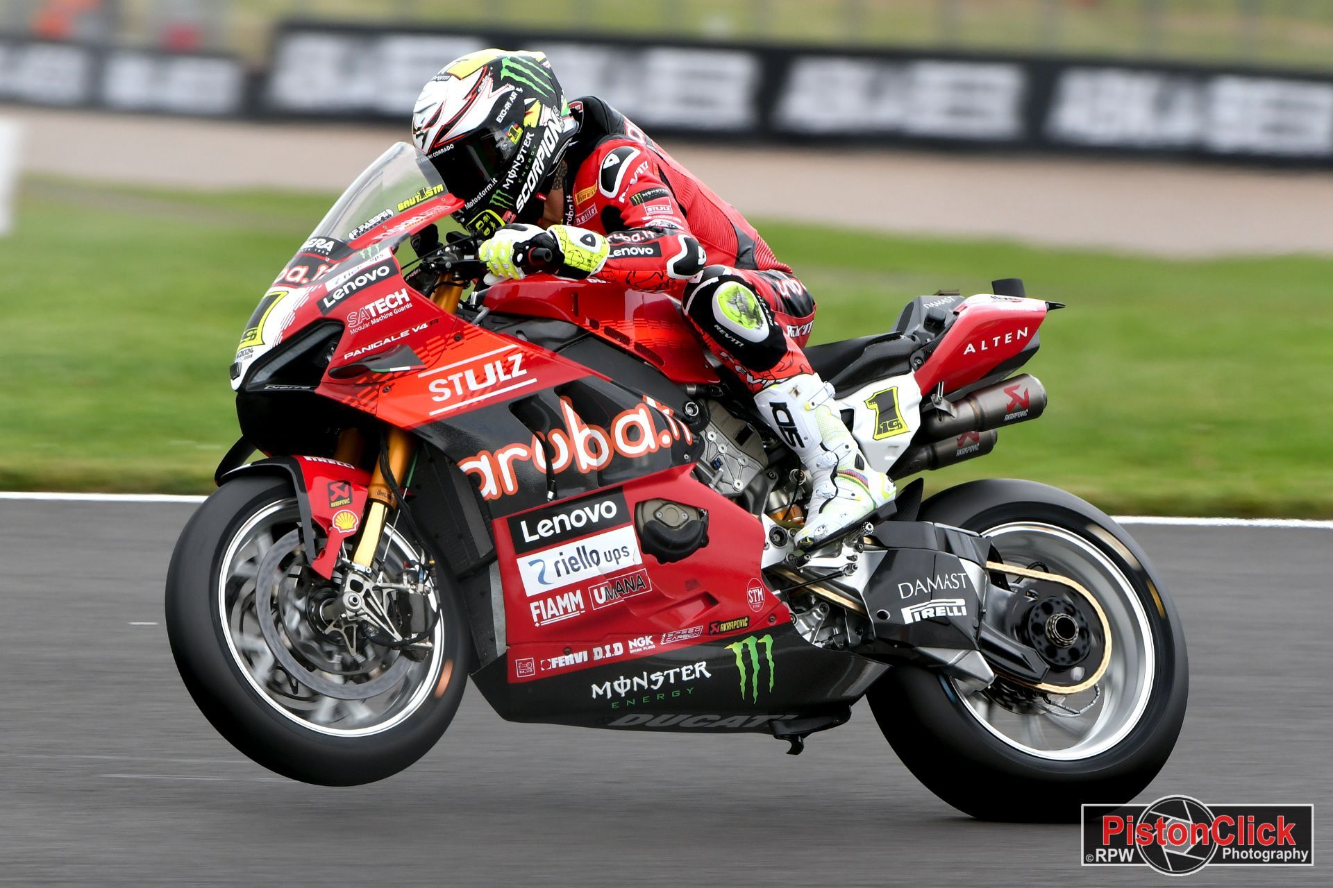 Alvaro Bautista racing the Aruba.it Racing team Ducati Panigale V4 R at Donington Park