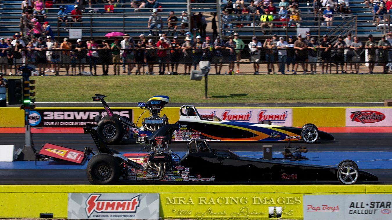 Drag racing Super Gas and Super Comp cars at the Texas Motorplex drag strip