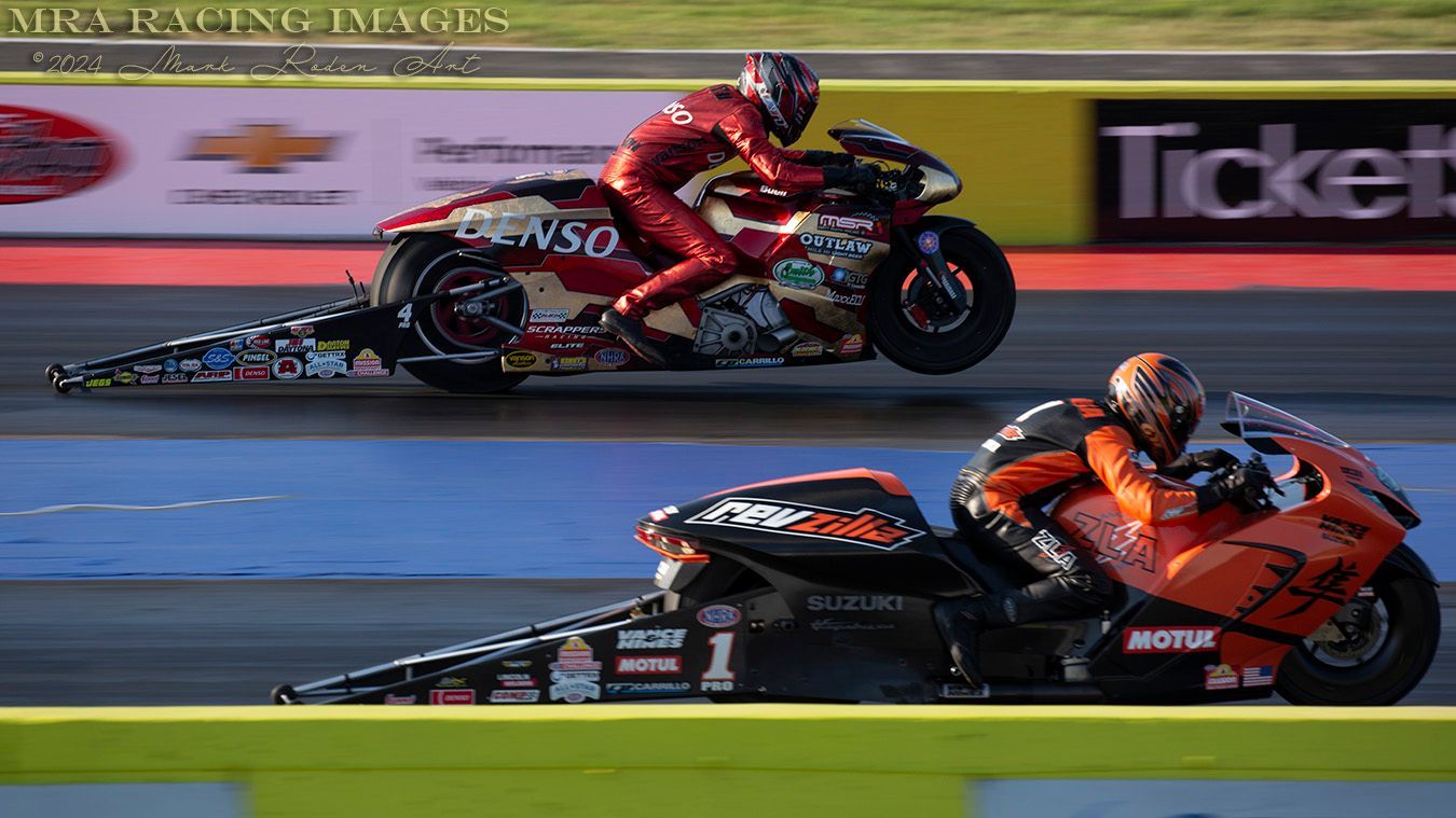 Pro Stock Motorcycles at the Motorplex drag strip Gaige Herrera on the RevZilla/Mission/Vance & Hines Suzuki