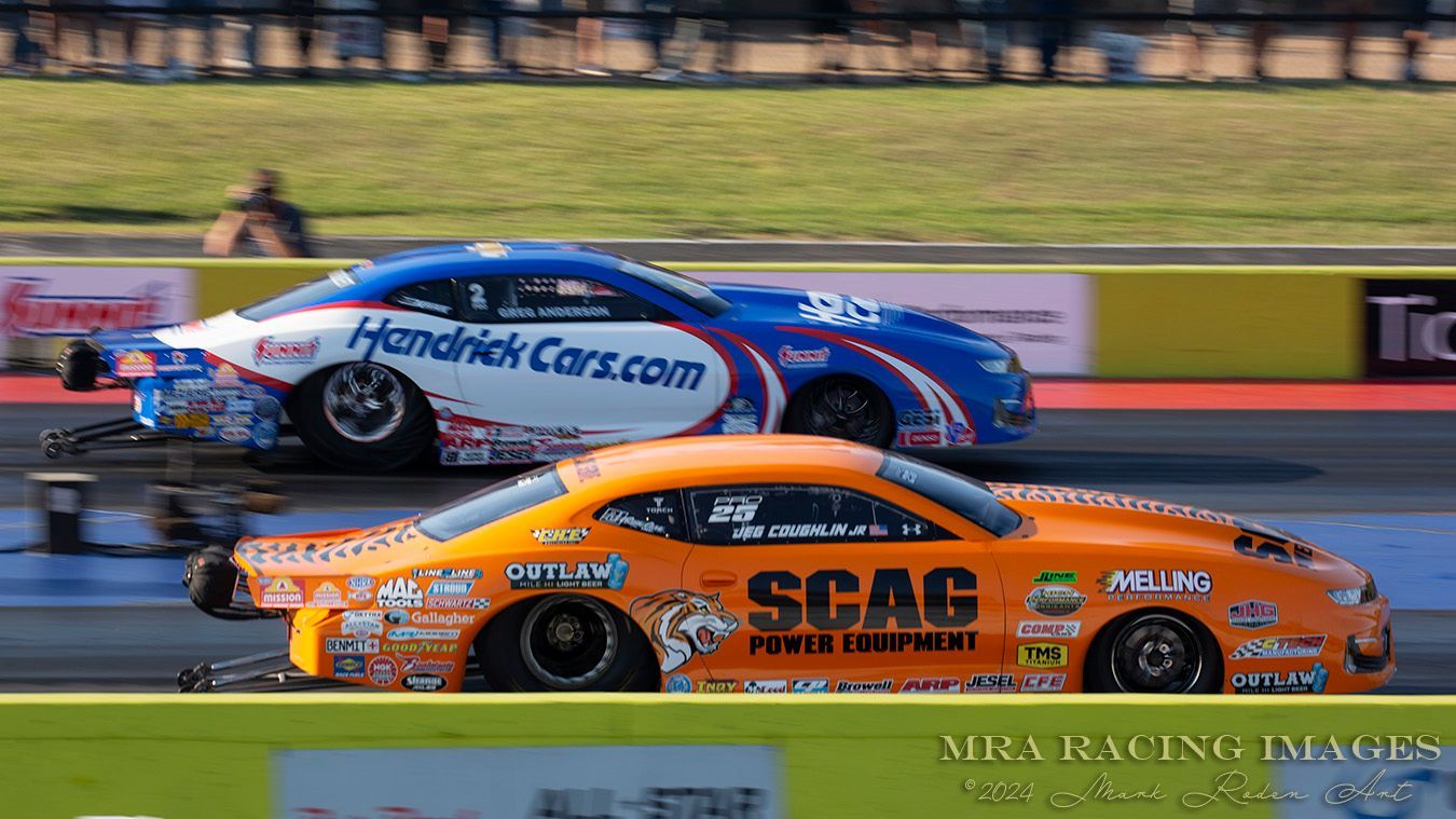 Pro Stock drag racers Jeg Coughlin, Jr and Greg Anderson at Motorplex 2024 NHRA fall nationals