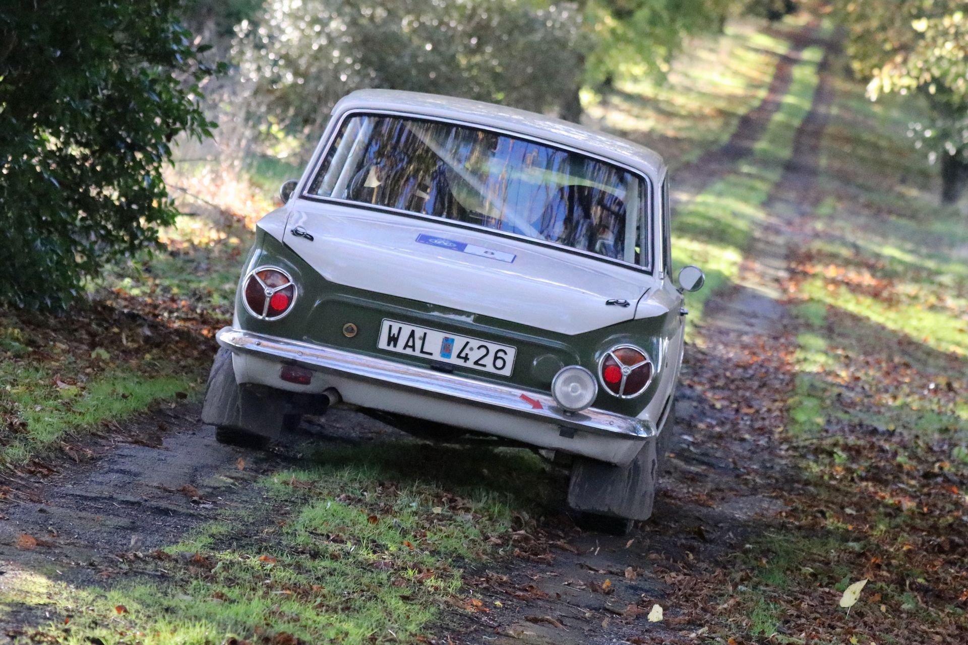 Ford Cortina rally car competing in the RAC Rally of the Tests