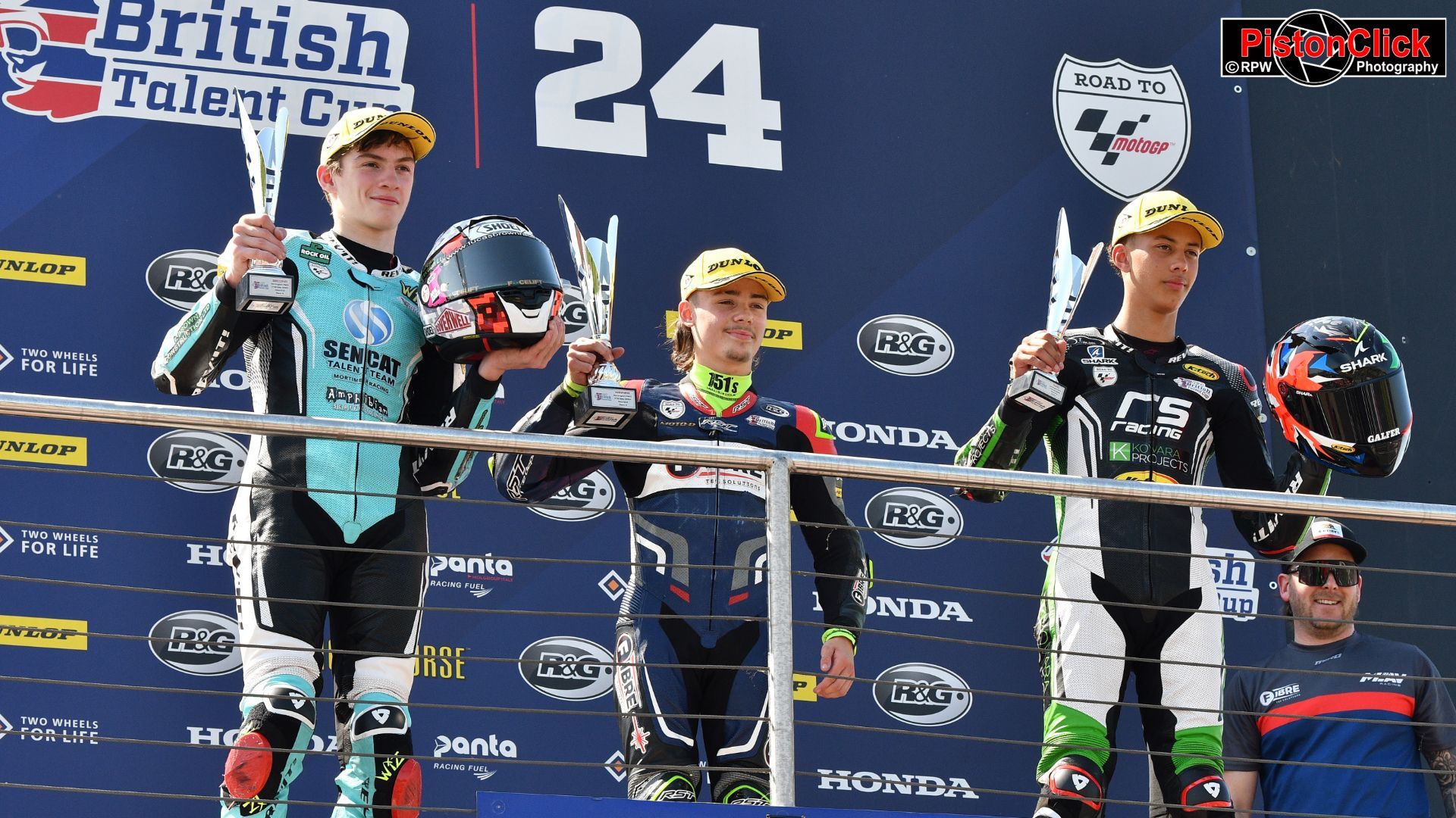 Ryan Frost, Lucas Brown and Amanuel Brinton on the podium for race two in the Talent Cup at Donington Park
