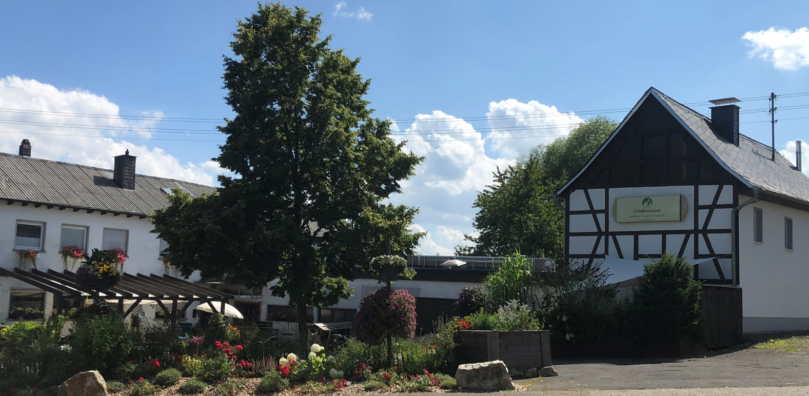 Aussenansicht des Ferienhauses Waldmomente mit Dorflinde und Blumenbeet