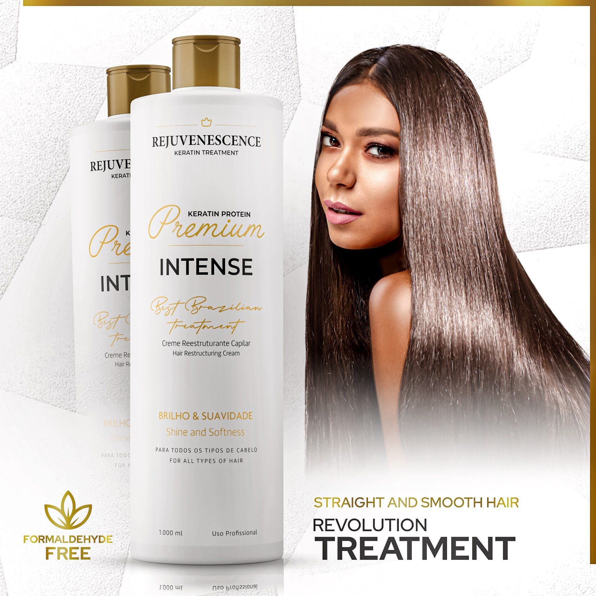 Rejuvenescene Keratin Protein Premium Intense treatment bottle and hair model